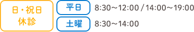 日・祝日休診 平日 8:30〜12:00 / 14:00〜19:00 土曜 8:30〜14:00